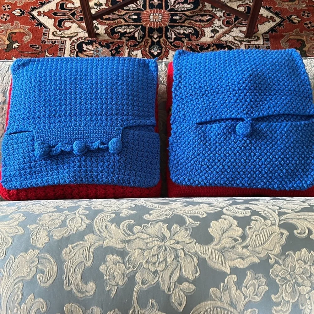 Hand Crafted Bright Blue Knit Throw Pillow Cover 18 x 18 Hand Crochet Heirloom